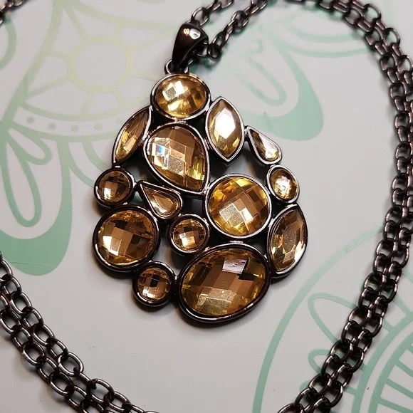 Signed Lia Sophia Gunmetal tone Necklace with Yellow Cabochon Pendant - Picture 2 of 6